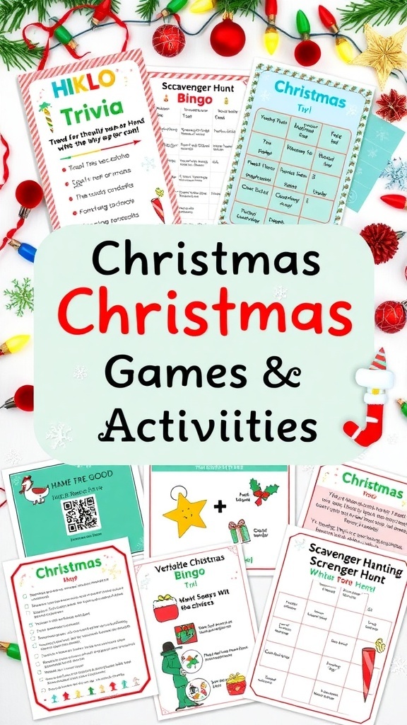 12 Days of Christmas Facebook Games A vibrant collage of Christmas games including trivia, bingo, and scavenger hunts, set against a festive holiday backdrop.